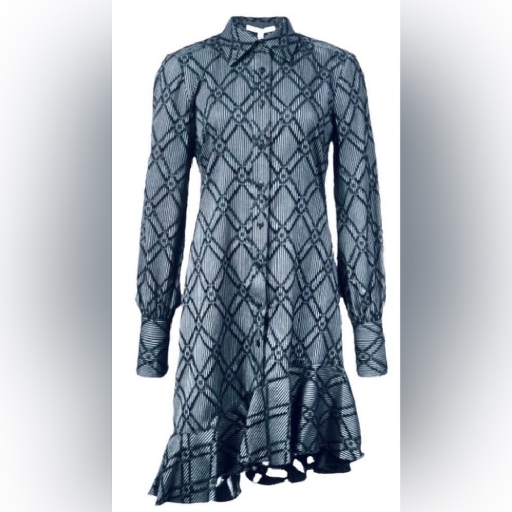 Derek Lam Navy Textured Long Sleeve Dress with Ruffled Asymmetrical Hem, Size 8